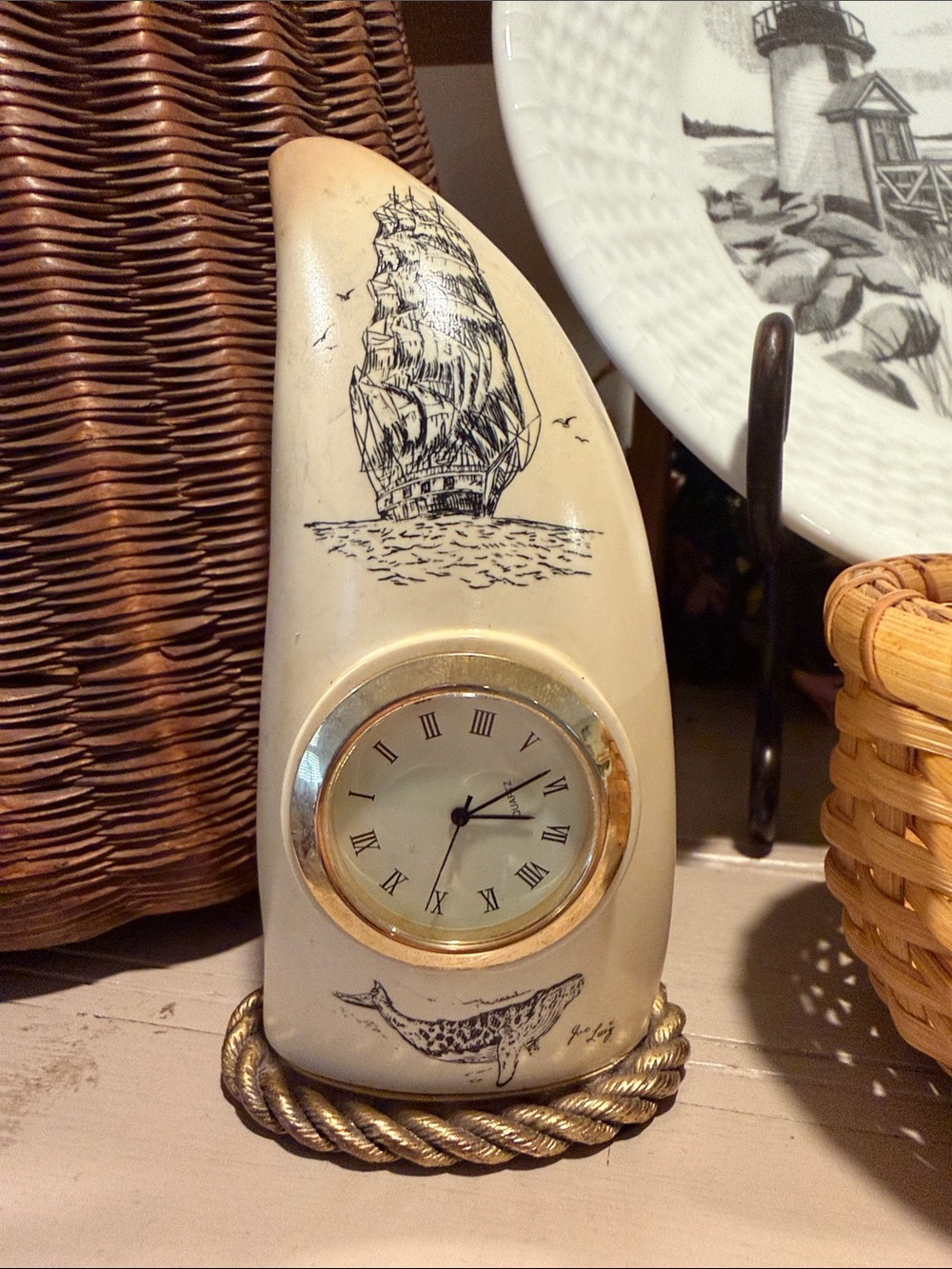 Nantucket Ivory Decorative Clock with Sailing Ship Whale scrimshaw by Joe Luiz